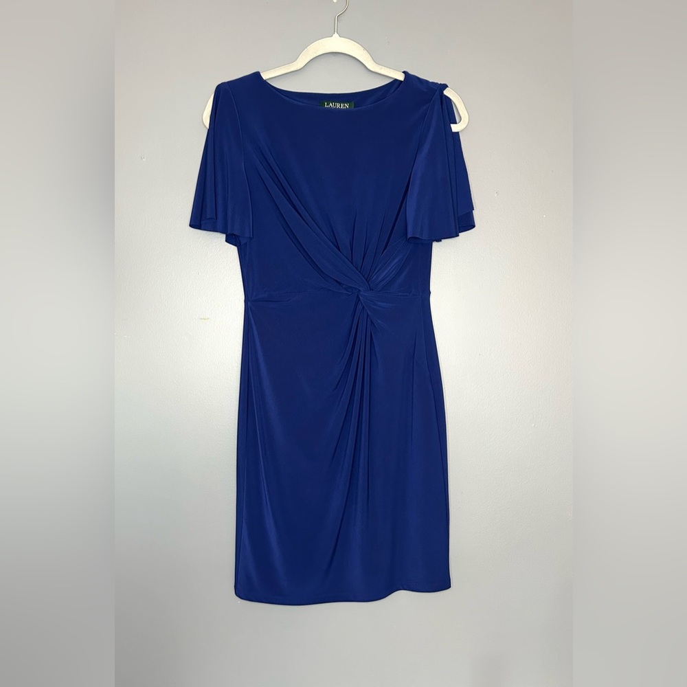 Lauren Ralph Lauren Dress Womens 6P Blue Ruched Sheath Flutter Sleeve Petite